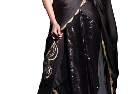 Black Half Pleated Chiffon Saree de Siddartha Tytler